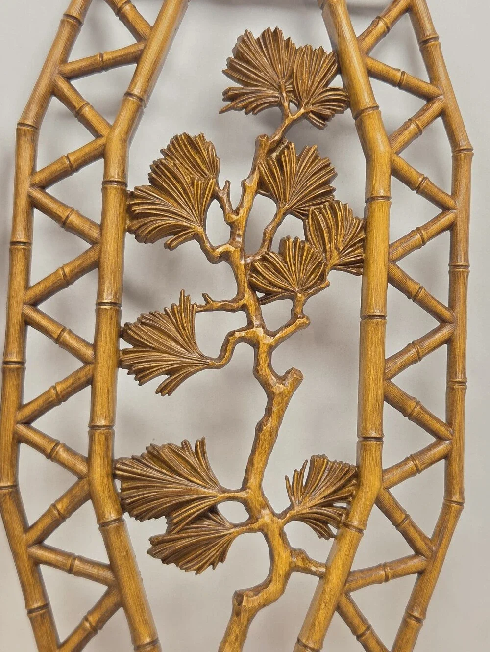 Vintage Homeco Wall Hanging Plastic Faux Bamboo Pair, Floral Lattice Framed 1977